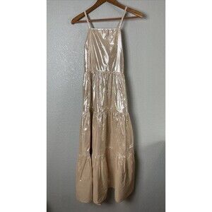 NWT The GAP Metallic Shimmery Gold Tan Long Tiered Smocked Sun Dress Sz XS